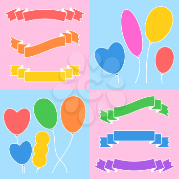 A set of colored ribbons of banners and balloons. With space for text. Simple flat vector illustration isolated on a pink and blue background. Suitable for infographics, design, advertising, holidays