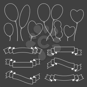A set of ribbons of banners and balloons. With space for text. A simple flat vector illustration isolated on a black background.