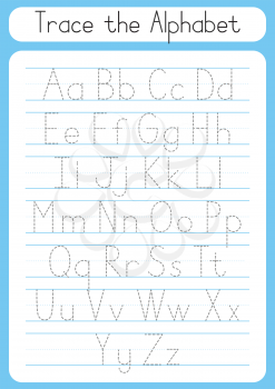 Trace letters. Writing practice. Tracing worksheet for kids. Learn alphabet. ABC game. Vector illustration. Cartoon style.