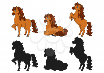 Cute horse. Farm animal. Cartoon character. Colorful vector illustration. Isolated on white background. Design element. Black silhouette.