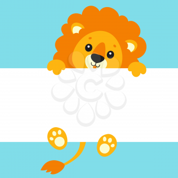 Funny lion. Cute cartoon character holding white blank poster. With place for text. Colored vector illustration.