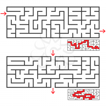 A set of two rectangular mazes with an entrance and an exit. Simple flat vector illustration isolated on white background. With the correct answer.
