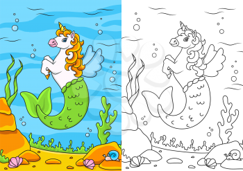 Cute mermaid unicorn. Magic fairy horse. Coloring book page for kids. Cartoon style. Vector illustration isolated on white background.