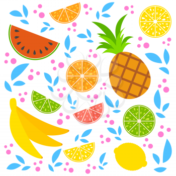A set of colored insulated delicious fruits on a white background. Bright tropical food. Lime, lemon, grapefruit, orange, pineapple, banana, watermelon. Simple flat vector illustration
