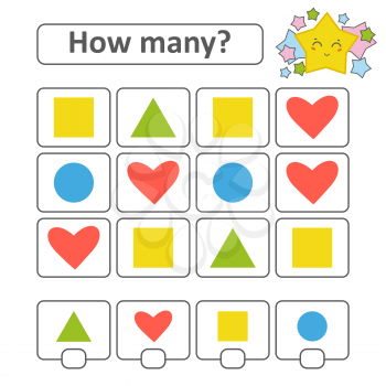 Counting game for preschool children. Heart, square, circle, triangle. With a place for answers. Simple flat isolated vector illustration