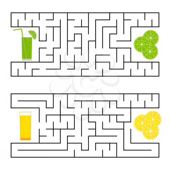 A square labyrinth. Find the way from juice to fruit. Simple flat isolated vector illustration