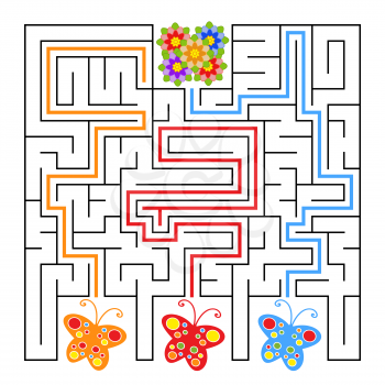 A square labyrinth. What butterfly will fly to the flower. Simple flat isolated vector illustration. With the answer