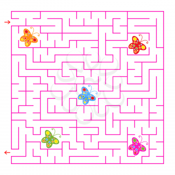 A square labyrinth. Collect all the butterflies and find a way out of the maze. Simple flat isolated vector illustration