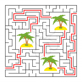 A square labyrinth. Collect all the palms and find a way out of the maze. Simple flat isolated vector illustration