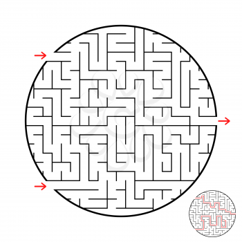 A round labyrinth with two entrances and one exit. Simple flat vector illustration isolated on white background. With the answer.