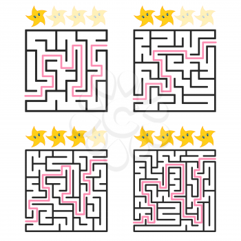 A square labyrinth with an entrance and an exit. A set of four options from simple to complex. Rated from the cute stars. Vector illustration isolated on white background. With the answer.