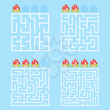 A square labyrinth with an entrance and an exit. A set of four options from simple to complex. With a rating of cute cartoon mushrooms. Vector illustration isolated on a blue background.