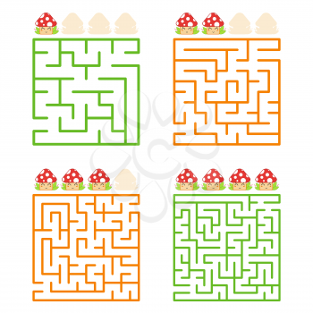 A square labyrinth with an entrance and an exit. A set of four options from simple to complex. With a rating of cute cartoon mushrooms. Vector illustration isolated on white background.