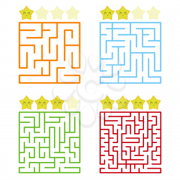 A square labyrinth with an entrance and an exit. A set of four options from simple to complex. With a rating of cute cartoon stars. Vector illustration isolated on white background.