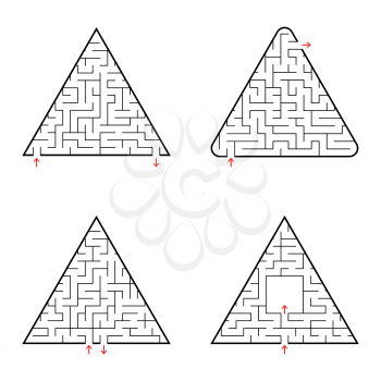 Triangular labyrinth. A set of four options. Simple flat vector illustration isolated on white background