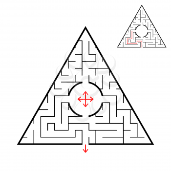 Triangular labyrinth. Find the right way out of the maze. Simple flat vector illustration isolated on white background. With the answer