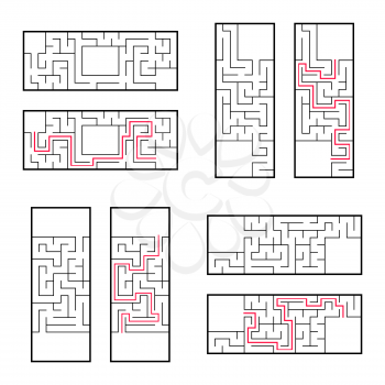 A set of rectangular mazes for children. A puzzle game. Simple flat vector illustration isolated on white background. With the correct answer