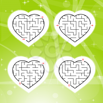 Labyrinth with a black stroke. Set of four hearts. A game for children. A simple flat vector illustration isolated on a green background