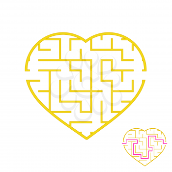 Labyrinth with a yellow stroke. Lovely heart. A game for children. Simple flat vector illustration isolated on white background. With the answer