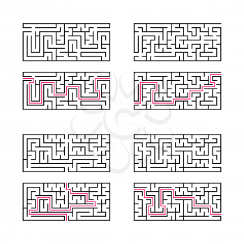 A set of four rectangular labyrinths. A game for children. Simple flat vector illustration isolated on white background. With the answer