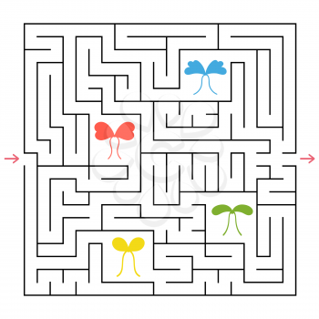A square labyrinth. Collect all the colorful bows and find a way out of the maze. An interesting game for children. Simple flat vector illustration