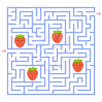 A blue square labyrinth. Collect all the strawberries and find a way out of the maze. An interesting game for children. Simple flat vector illustration
