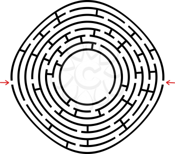 Black round maze with a place for your drawing. An interesting and useful game for children. Simple flat vector illustration isolated on white background