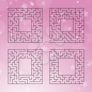 A set of square mazes. Game for kids. Puzzle for children. One entrances, one exit. Labyrinth conundrum. Flat vector illustration isolated on color background. Whith place for your image.