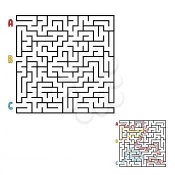 Abstract square maze. Game for kids. Puzzle for children. Find the right way to the exit. Labyrinth conundrum. Flat vector illustration isolated on white background. With the answer