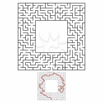 Black square maze with entrance and exit. An interesting and useful game for children. Simple flat vector illustration isolated on white background. With a place for your drawings. With the answer