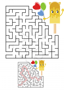 Abstract square maze. Kids worksheets. Game puzzle for children. Cute ice cream on a white background. One entrances, one exit. Labyrinth conundrum. Vector illustration. With the answer.