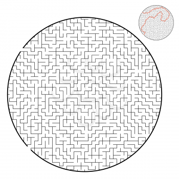 Difficult round labyrinth. Game for kids and adults. Puzzle for children. Labyrinth conundrum. Flat vector illustration isolated on white background. With answer