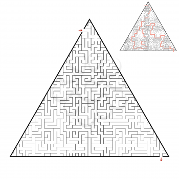 Difficult triangular labyrinth. Game for kids and adults. Puzzle for children. One entrance, one exit. Labyrinth conundrum. Flat vector illustration isolated on white background. With answer