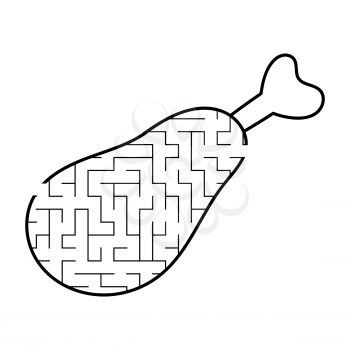 Maze chicken leg. Game for kids. Puzzle for children. Cartoon style. Labyrinth conundrum. Black and white vector illustration. The development of logical and spatial thinking