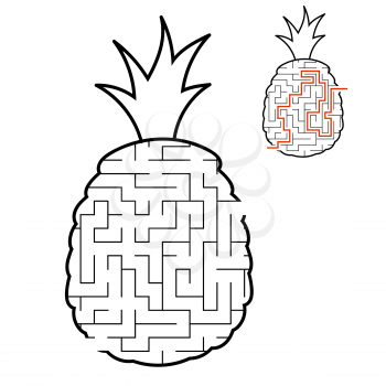 Maze pineapple. Game for kids. Puzzle for children. Cartoon style. Labyrinth conundrum. Black and white vector illustration. With answer. The development of logical and spatial thinking