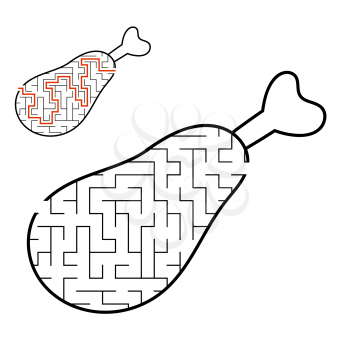 Maze chicken leg. Game for kids. Puzzle for children. Cartoon style. Labyrinth conundrum. Black and white vector illustration. With answer. The development of logical and spatial thinking