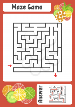 Abstract square maze. Kids worksheets. Activity page. Game puzzle for children. Cute cartoon tropical fruits. Labyrinth conundrum. Vector illustration. With answer