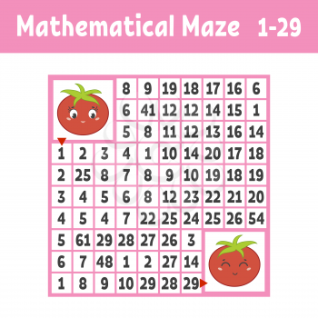 Mathematical colored square maze. Help one tomato get to another. Game for kids. Puzzle for children. The study of numbers. Labyrinth conundrum. Flat vector illustration isolated on white background