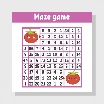 Mathematical colored square maze. Help one tomato get to another. Game for kids. Puzzle for children. The study of numbers. Labyrinth conundrum. Flat vector illustration isolated on white background