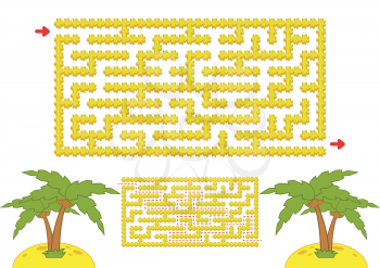Color rectangular maze. Yellow beach with palm trees in cartoon style. Game for kids. Puzzle for children. Labyrinth conundrum. Flat vector illustration isolated on white background. With the answer