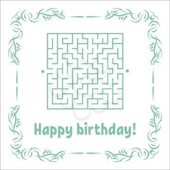 Color greeting card with a square maze. Happy Birthday. Game for kids. Puzzle for children. Maze conundrum. Vector illustration. Vintage frame