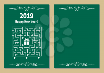Color Christmas greeting card with a square maze. Find the right path to the gift. Game for kids. Puzzle for children. Maze conundrum. Vector illustration. Vintage style