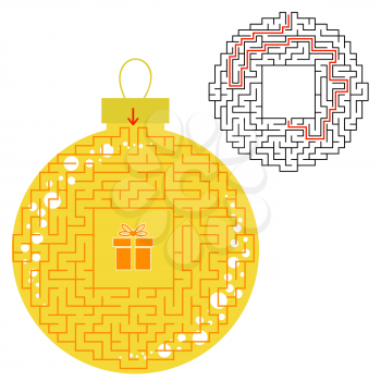 Maze Christmas toy. Game for kids. Puzzle for children. Find the path to the gift. Labyrinth conundrum. Flat vector illustration isolated on white background. With the answer