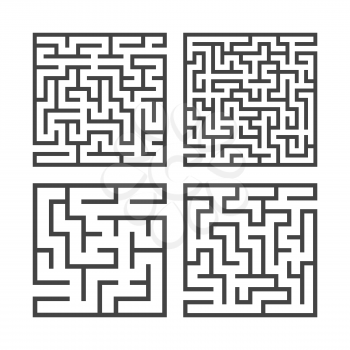 A set of square mazes of various levels of difficulty. Game for kids. Puzzle for children. One entrances, one exit. Labyrinth conundrum. Flat vector illustration isolated on white background