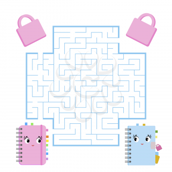 Color square maze. Game for kids. Puzzle for children. Help the cute notebooks to meet. Labyrinth conundrum. Flat vector illustration. Cartoon style
