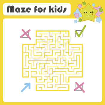 Square color maze. Kids worksheets. Activity page. Game puzzle. Find the right path from the blue arrow to the green check mark. Cute cartoon star. Vector illustration. With place for your image