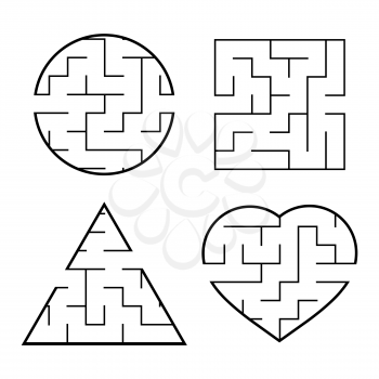 A set of easy mazes. Circle, square, triangle, heart. Game for kids. Puzzle for children. One entrances, one exit. Labyrinth conundrum. Flat vector illustration isolated on white background