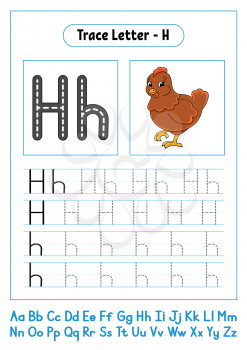 Writing letters - Hh. Tracing page. Practice sheet. Worksheet for kids. Exercise for preschools. Learn alphabet. Cute characters. Vector illustration. Cartoon style.