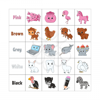 Learning colors for kids. Cut and play. Cute cartoon characters. Picture set for preschoolers. Education worksheet. Vector illustration.
