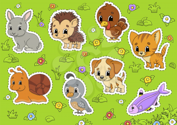 Set animals. Cute cartoon characters. Pet clipart. Hand drawn. Colorful pack. Vector illustration. Patch badges collection. Label design elements. For daily planner, diary, organizer.